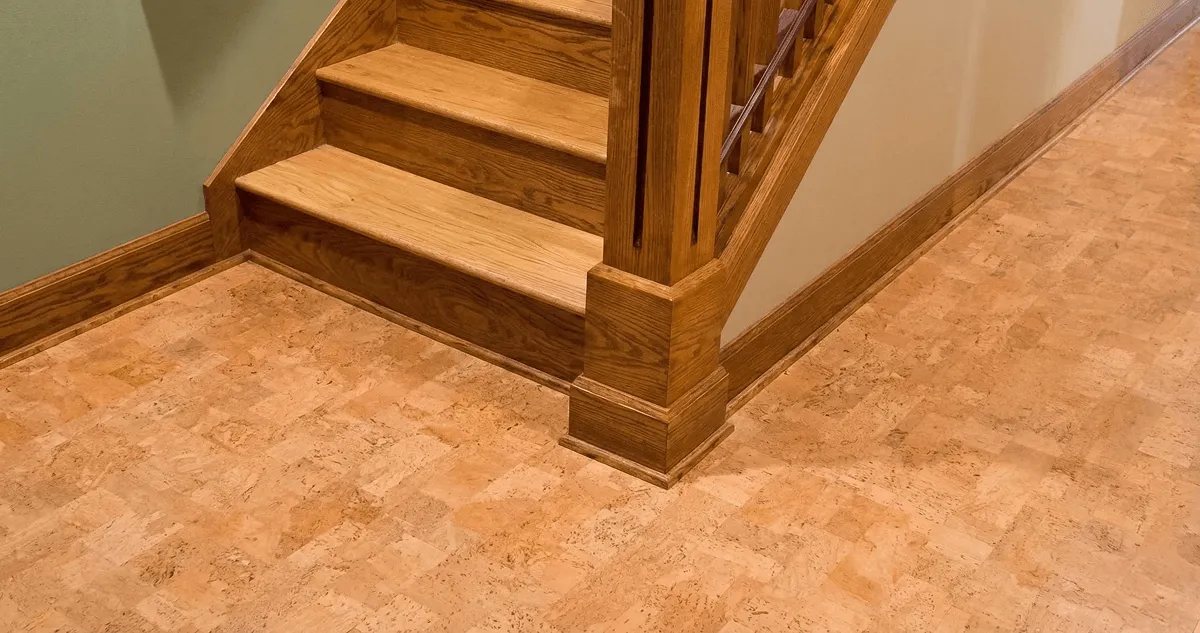 End of a staircase with cork flooring in Buffalo, NY